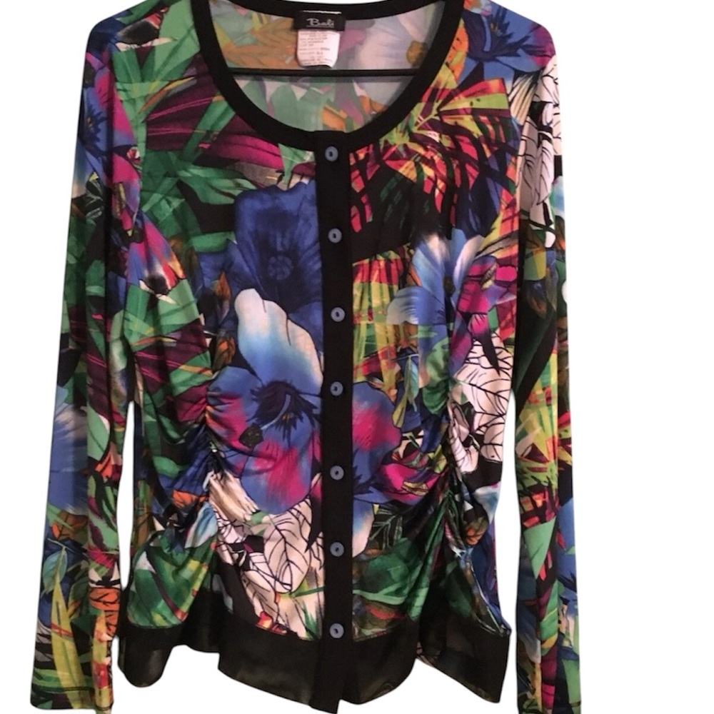 BALI CANADA WOMEN'S SIZE L MULTI COLOR FLORAL LONG SLEEVE RUCHED BLOUSE